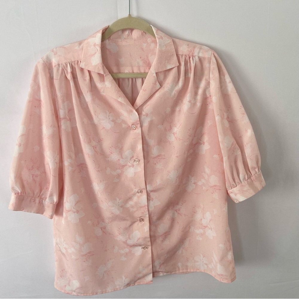 Vintage 70s home made pastel pink collared button up blouse puff sleeve - Picture 3 of 5